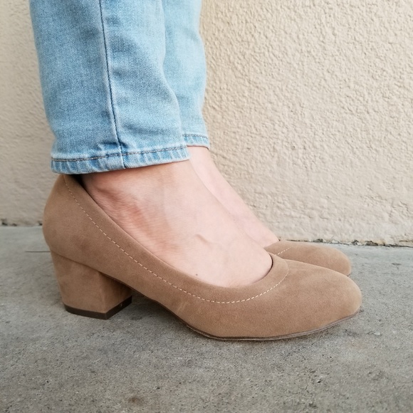 Taupe Vegan Suede Round Toe Chunky Heel Pump - Picture 8 of 8